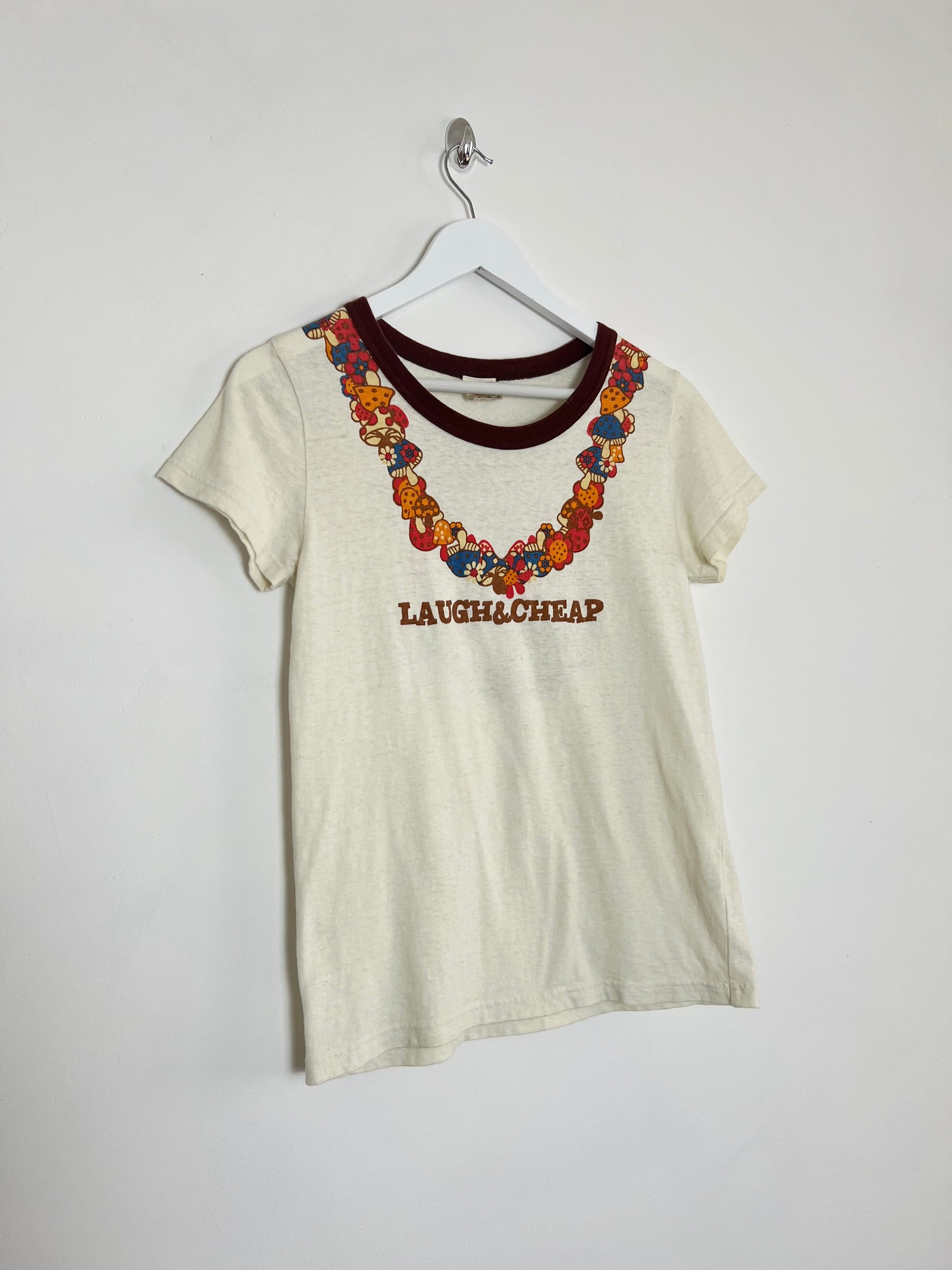 00's Laugh & Cheap Graphic Tshirt with Graphic Mushroom Neckline - S/M