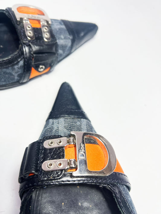 90's Dior Denim Monogram Heel with Orange Strap Detail - EU 40 / UK 7 