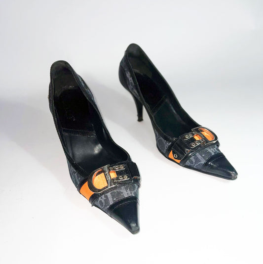 90's Dior Denim Monogram Heel with Orange Strap Detail - EU 40 / UK 7 