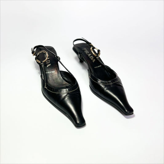 90's Prada Slingback Kitten Heels with Gold Buckle in Black Leather - EU 38 