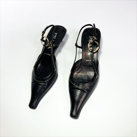 90's Prada Slingback Kitten Heels with Gold Buckle in Black Leather - EU 38 