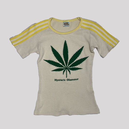 90s Hysteric Glamour Weed Leaf Baby Tee with Stripe Sleeves - S 
