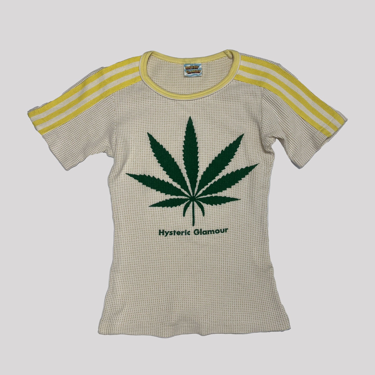 90s Hysteric Glamour Weed Leaf Baby Tee with Stripe Sleeves - S 