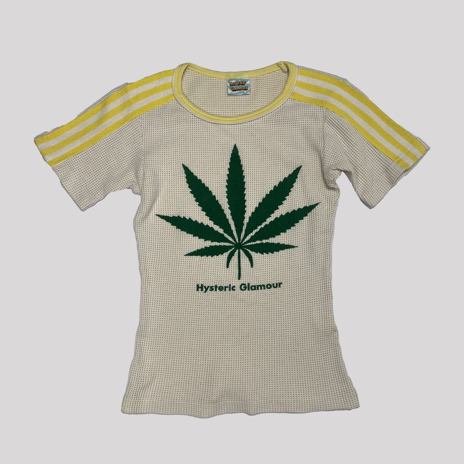 90s Hysteric Glamour Weed Leaf Baby Tee with Stripe Sleeves - S 