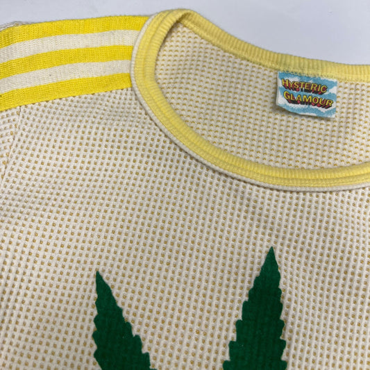 90s Hysteric Glamour Weed Leaf Baby Tee with Stripe Sleeves - S 