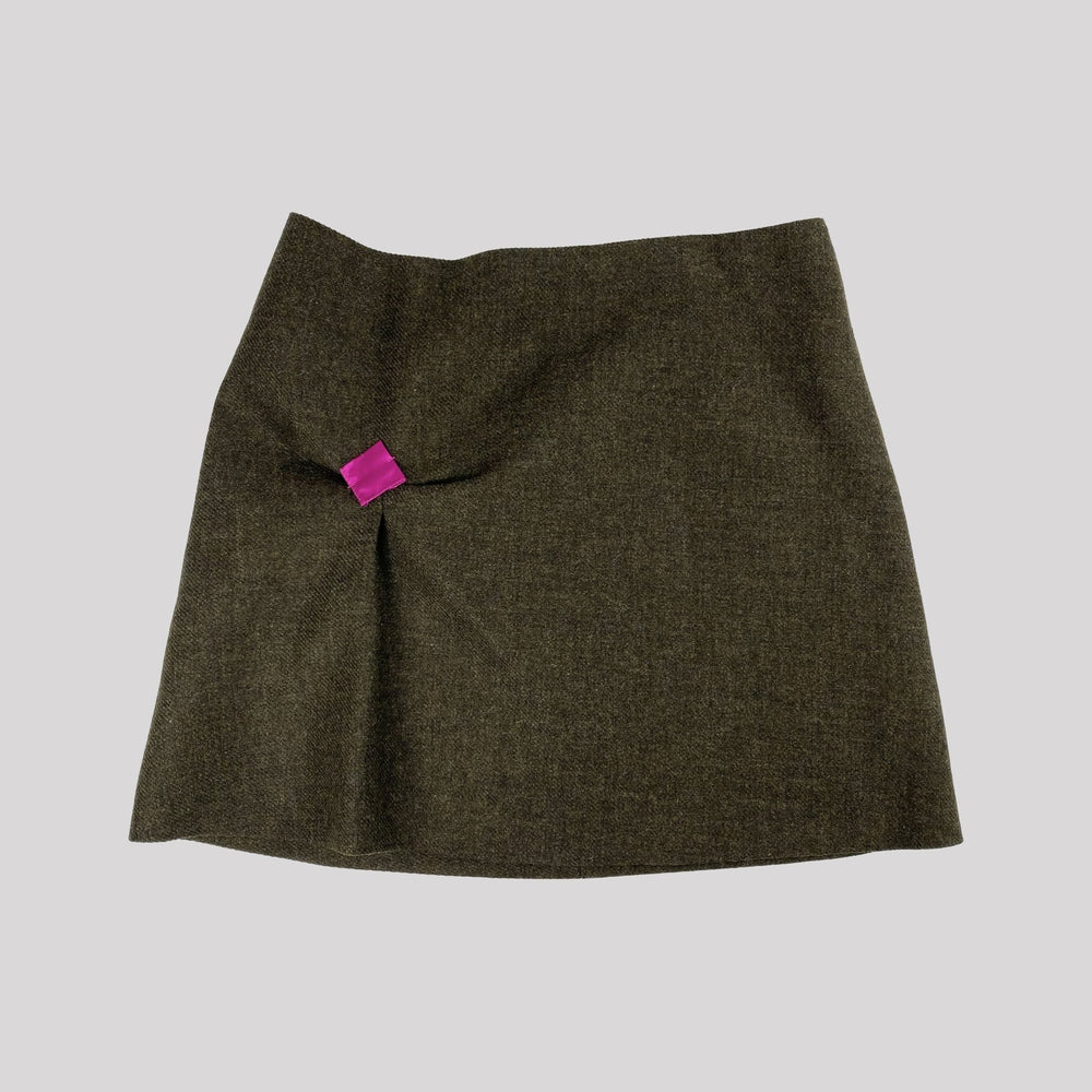 90's Miu Miu Tweed Mini Skirt in Khaki with Pink Square detail - W29"