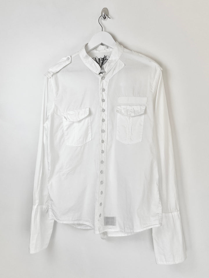 00's Michiko Koshino Shirt Ruched Details with Bell Sleeves in White - M