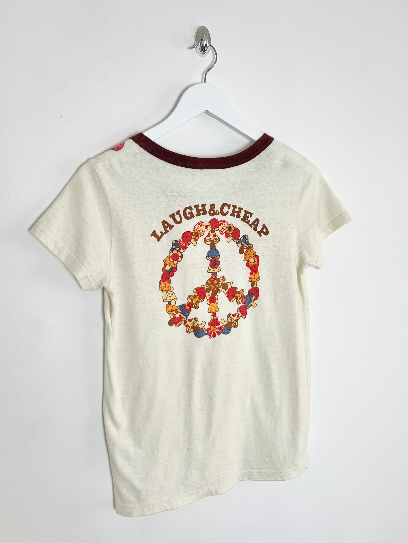 00's Laugh & Cheap Graphic Tshirt with Graphic Mushroom Neckline - S/M