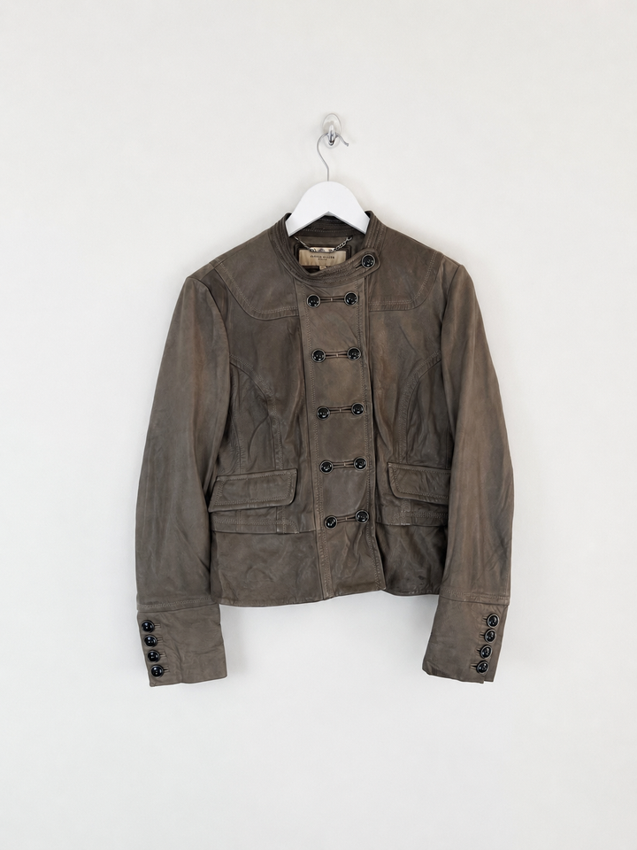 00s Vintage Leather Napoleon Jacket in Khaki - M / L | Vintage