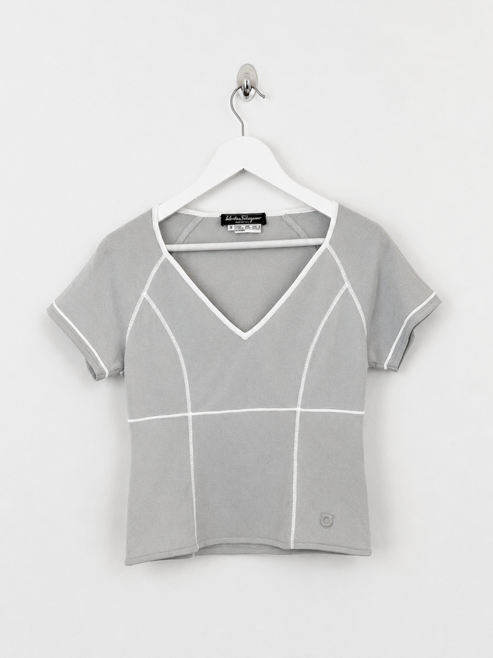 00's Salvatore Ferragamo V Neck Knit Top in Grey with White Stitching - M