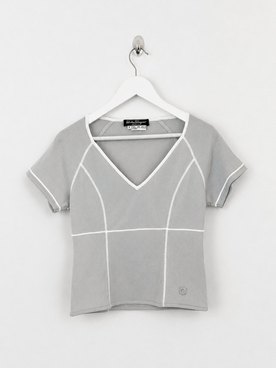 00's Salvatore Ferragamo V Neck Knit Top in Grey with White Stitching - M