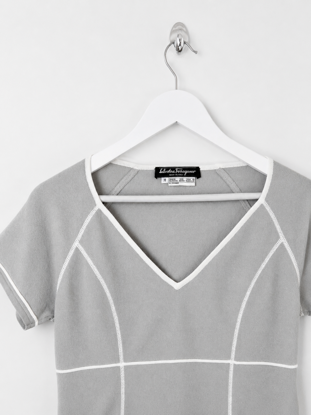 00's Salvatore Ferragamo V Neck Knit Top in Grey with White Stitching - M