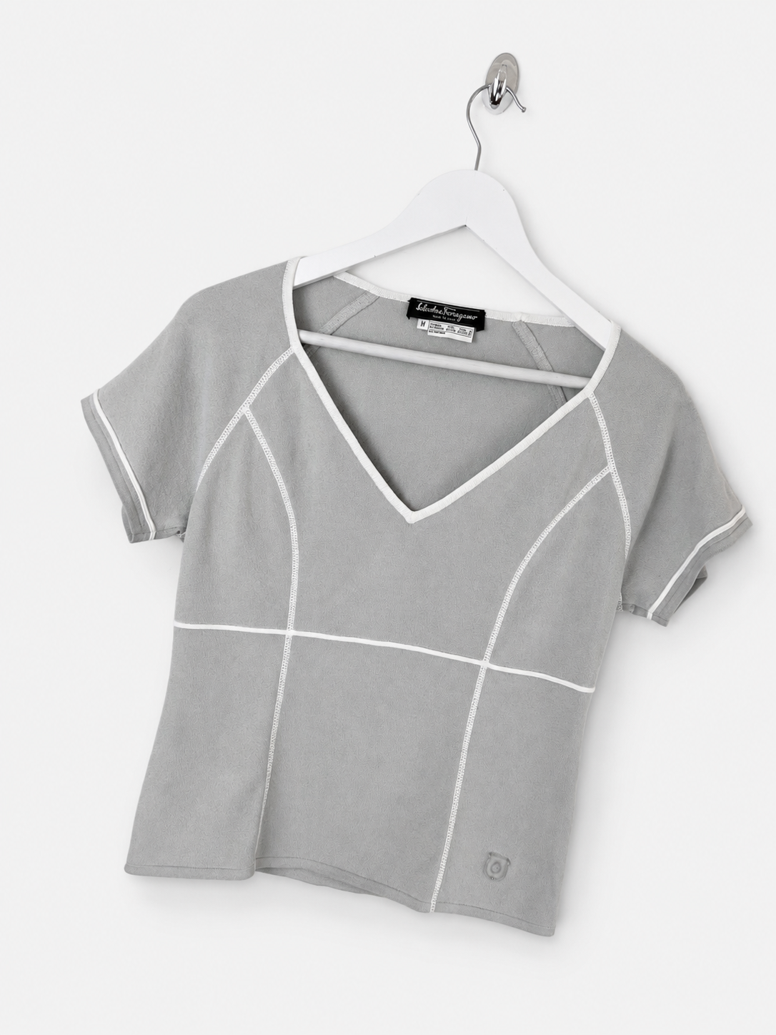 00's Salvatore Ferragamo V Neck Knit Top in Grey with White Stitching - M