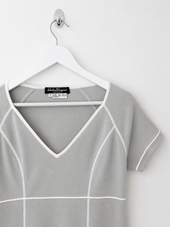 00's Salvatore Ferragamo V Neck Knit Top in Grey with White Stitching - M