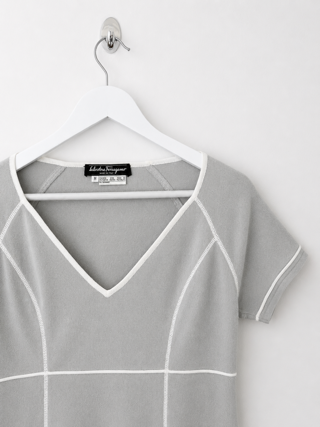 00's Salvatore Ferragamo V Neck Knit Top in Grey with White Stitching - M