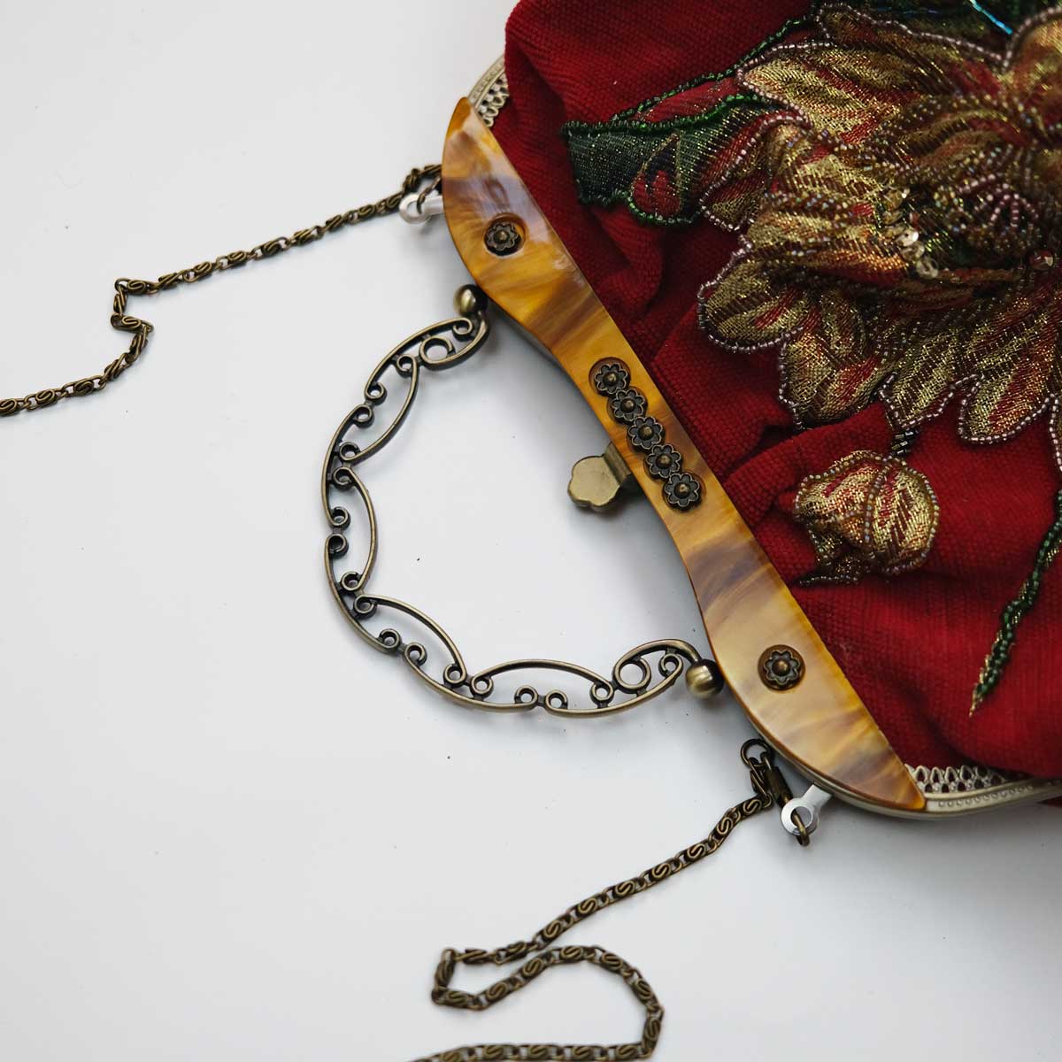 Vintage Red Carpet Clutch Bag with Floral Beaded Detailing & Metal Handle