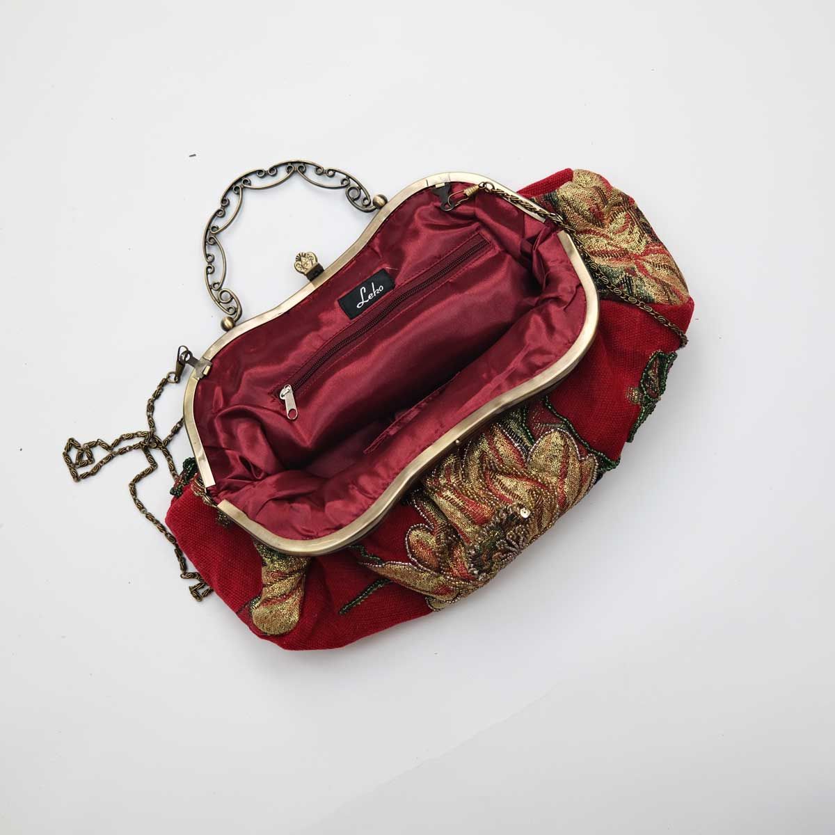 Vintage Red Carpet Clutch Bag with Floral Beaded Detailing & Metal Handle 