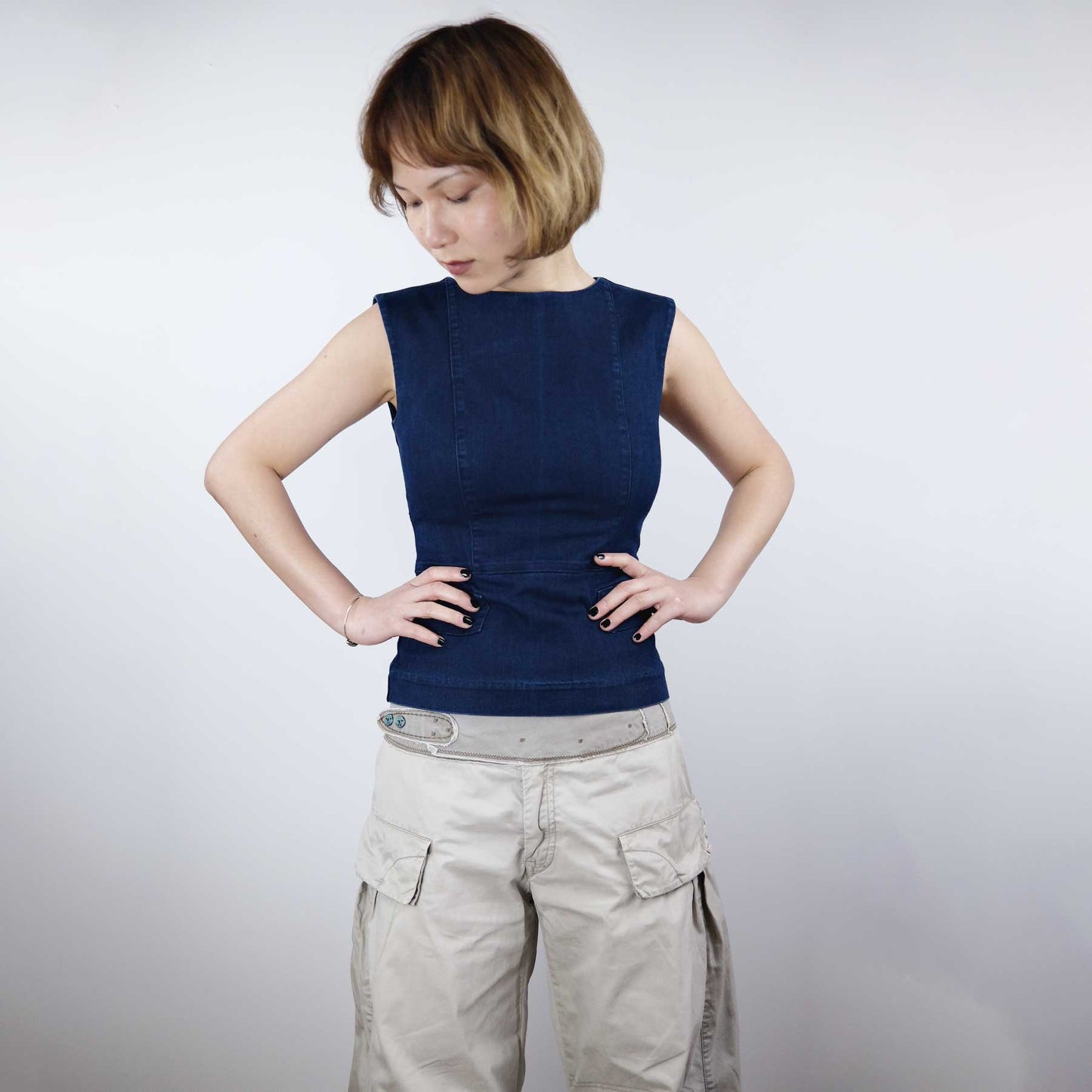 00's Miss Sixty Denim Peplum Bodice Top with Pocket Detail - XS