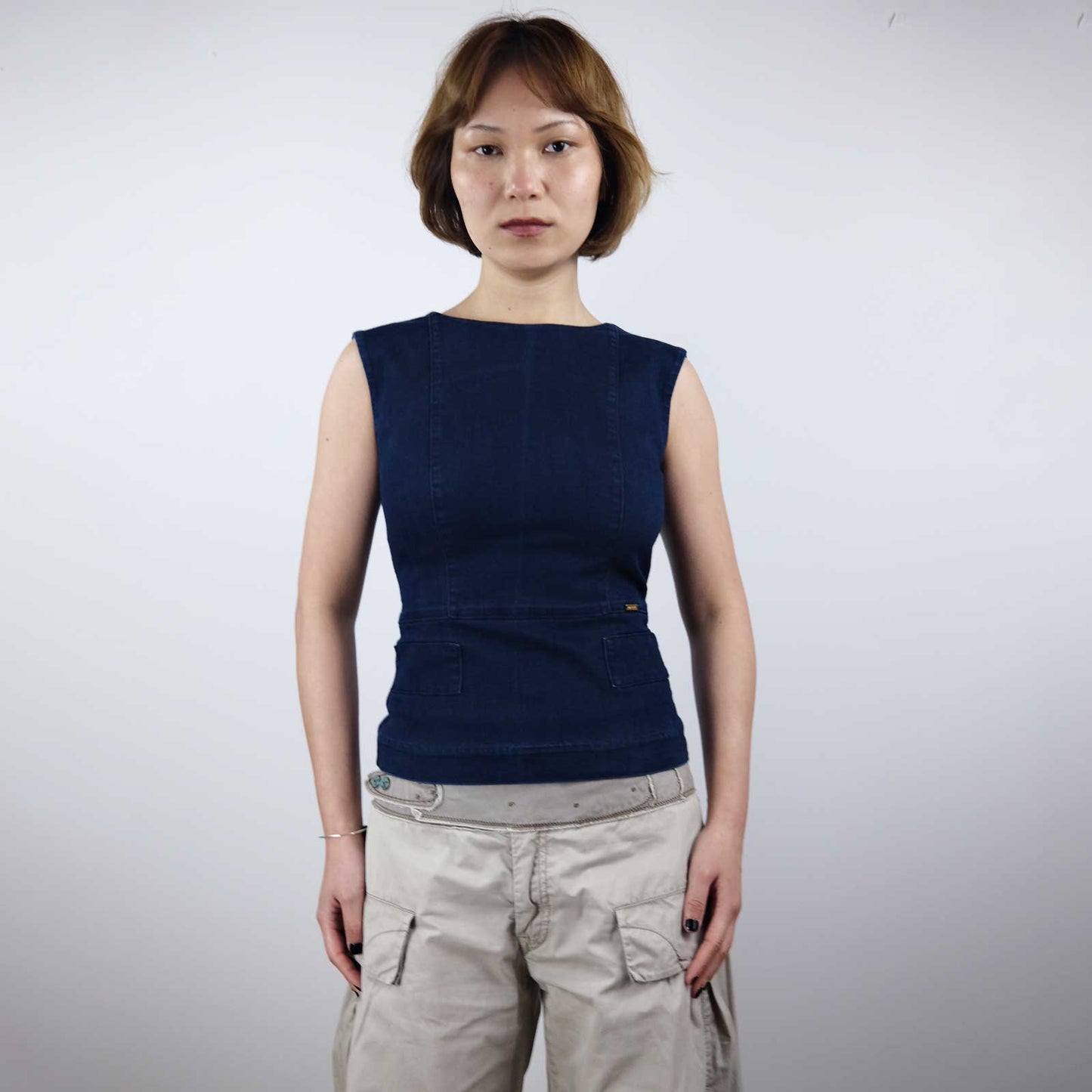 00's Miss Sixty Denim Peplum Bodice Top with Pocket Detail - XS