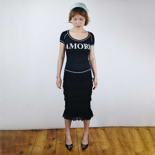 00's Blumarine Amore Slogan Top in Black Stretch -  M