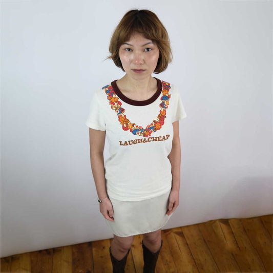 00's Laugh & Cheap Graphic Tshirt with Graphic Mushroom Neckline - S/M
