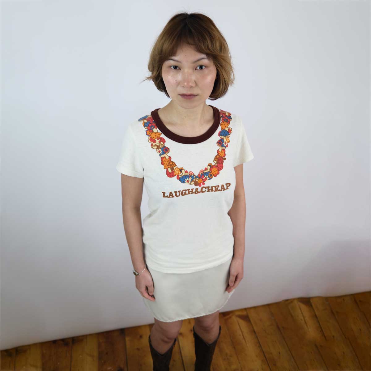 00's Laugh & Cheap Graphic Tshirt with Graphic Mushroom Neckline - S/M