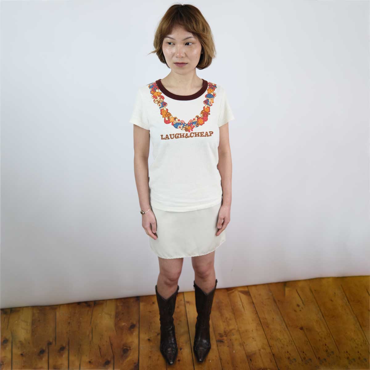 00's Laugh & Cheap Graphic Tshirt with Graphic Mushroom Neckline - S/M