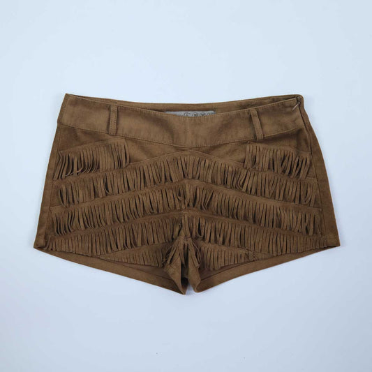 00's Faux Suede Hot Pant Shorts with Fringe Detaling in Tan - W30"
