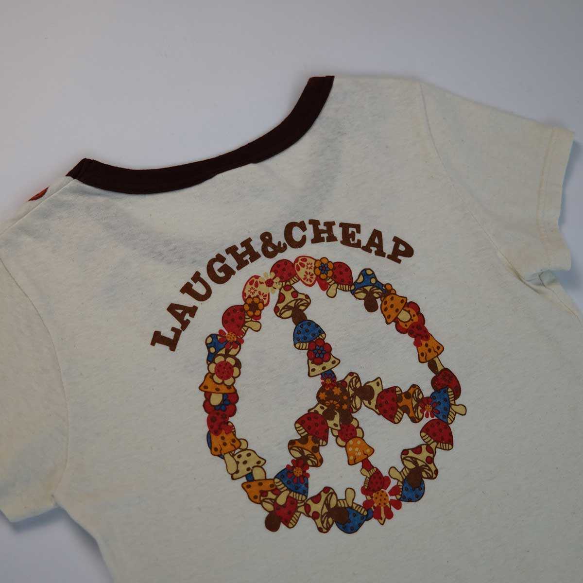00's Laugh & Cheap Graphic Tshirt with Graphic Mushroom Neckline - S/M