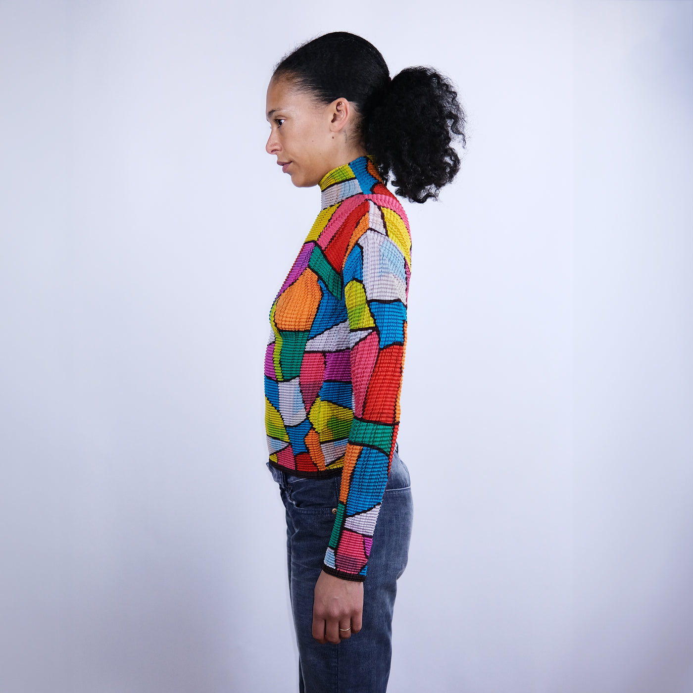 00's Issey Miyake Pleated Longsleeve Top in Multicolour Tile Print - Size 3