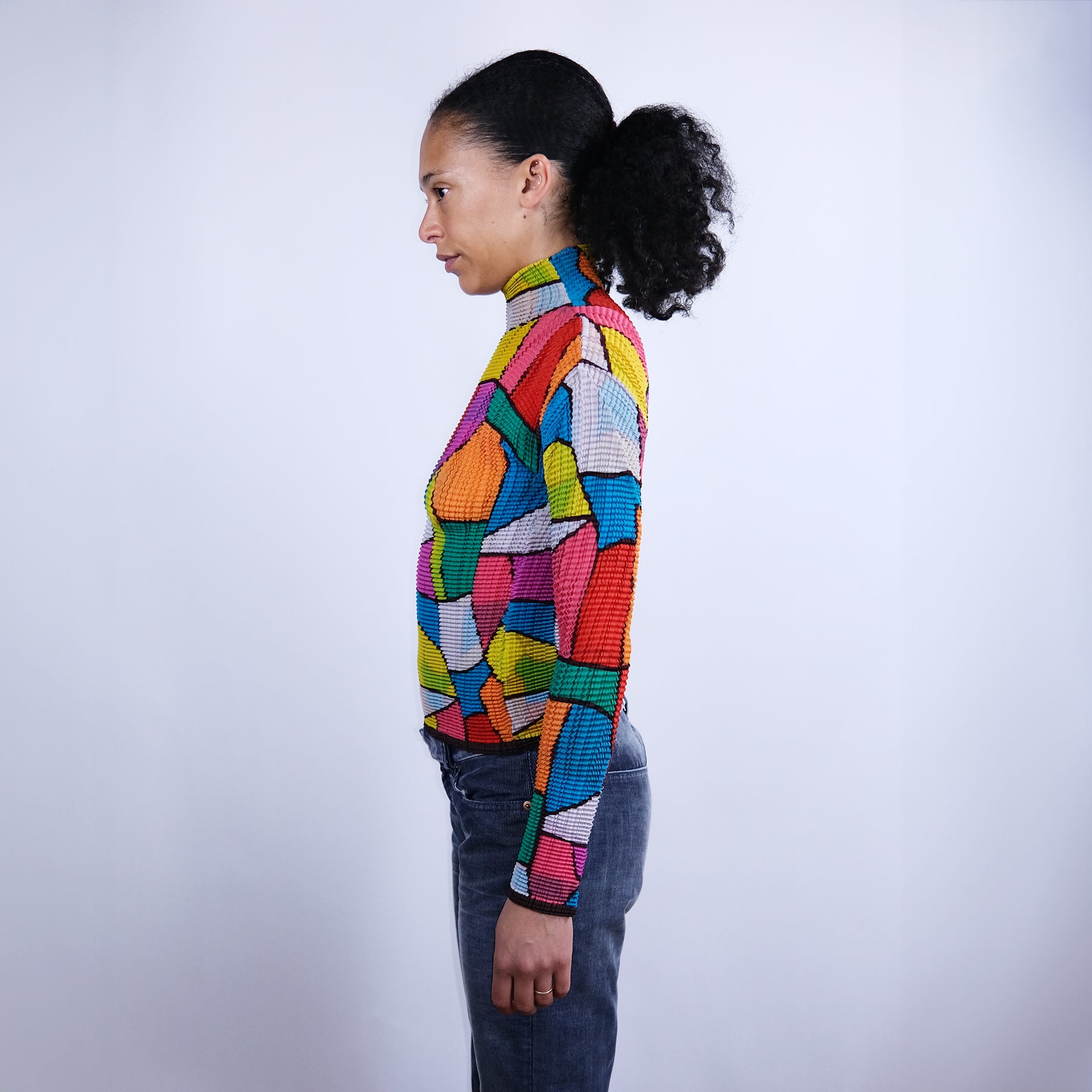 00's Issey Miyake Pleated Longsleeve Top in Multicolour Tile Print - Size 3