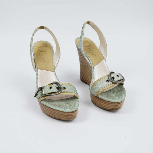 SS06 Dior Gaucho Peep Toe Wedge Heels in Mint Green Snakeskin - UK 5