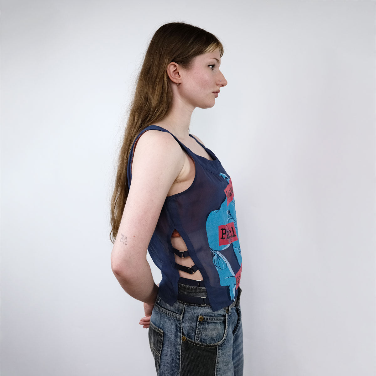 00's Jean Paul Gaultier Excplict Print Top with Strap Detailing in Blue - S