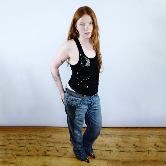 00's Cotton On Sequin Tank Top with Racer Back in Black - S/M
