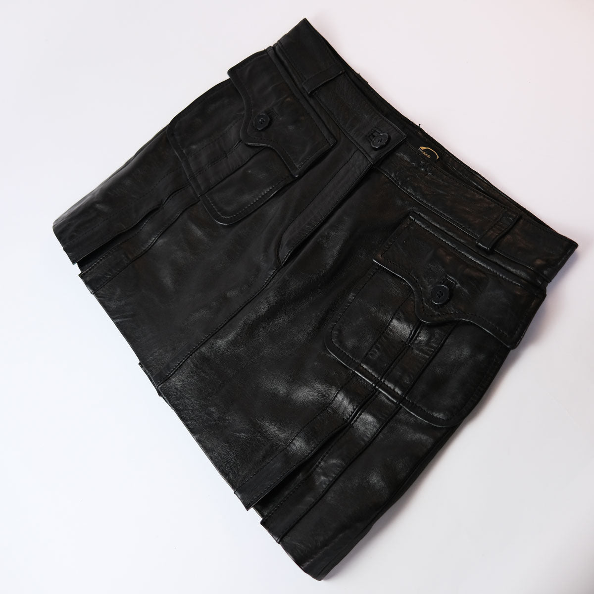 00's Roberto Cavalli Leather Mini Skirt with Stitched Pleated in Brown - W30