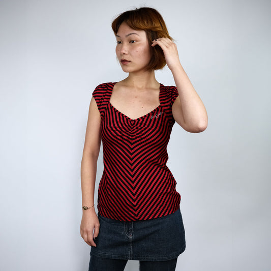 00's Miss Sixty Asymmetric Stripe Top in Red / Black - S