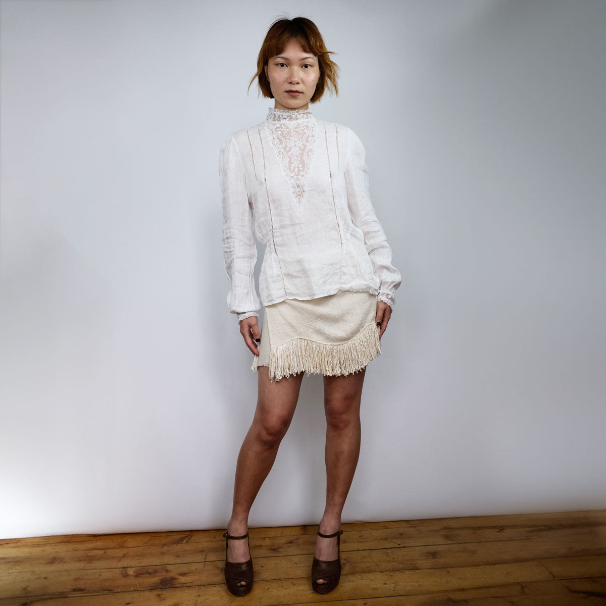 80's High Neck Blouse with Neckline & Pin Tuck Details - S