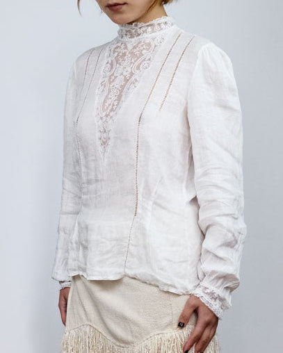 80's High Neck Blouse with Neckline & Pin Tuck Details - S