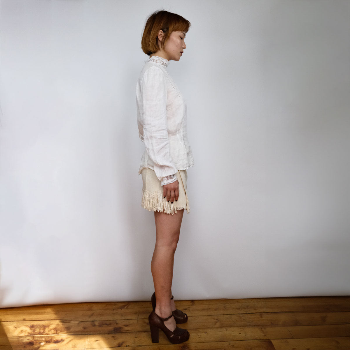 80's High Neck Blouse with Neckline & Pin Tuck Details - S