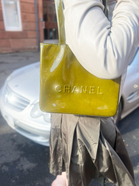 Early 00's Vintage Chanel Patent Leather Shoulder Bag in Olive Green 