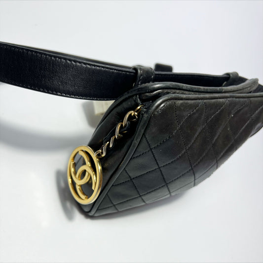 Early 90's Chanel Bumbag Belt with CC Charm in Black Quilted Lambskin 