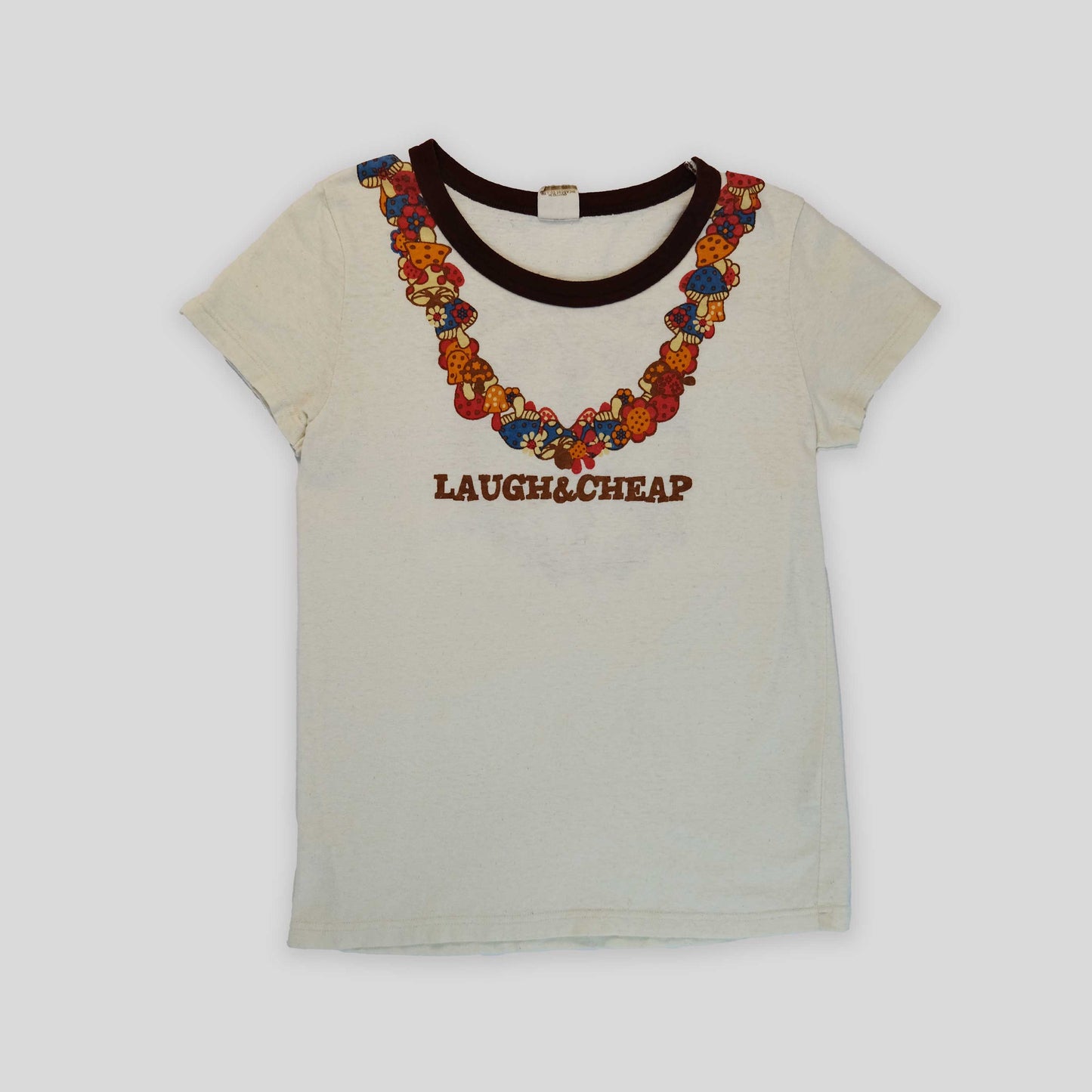 00's Laugh & Cheap Graphic Tshirt with Graphic Mushroom Neckline - S/M