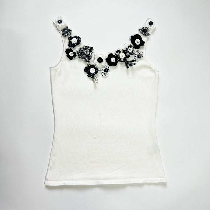 00's Knit Cami Top with Floral Button Neckline in White - S