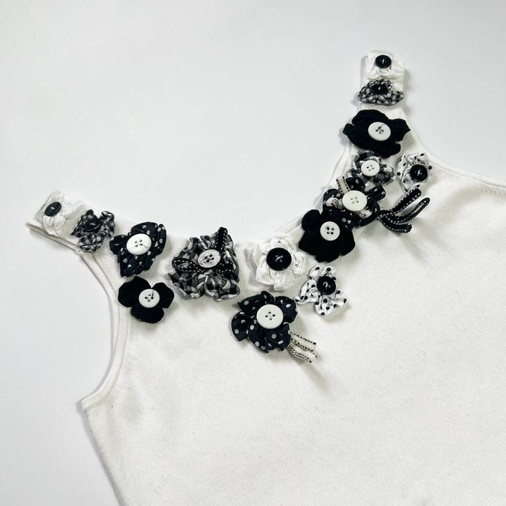 00's Knit Cami Top with Floral Button Neckline in White - S