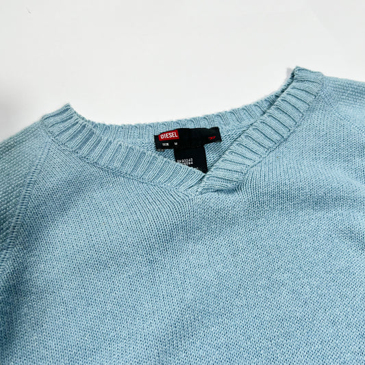 00's Diesel V Neck Knit Jumper in Blue - M