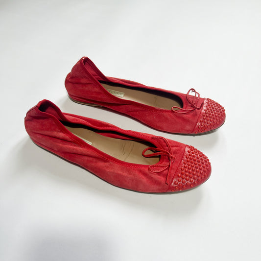 00's Suede & Leather Red Ballet Flats with Studded Detailing - UK 6