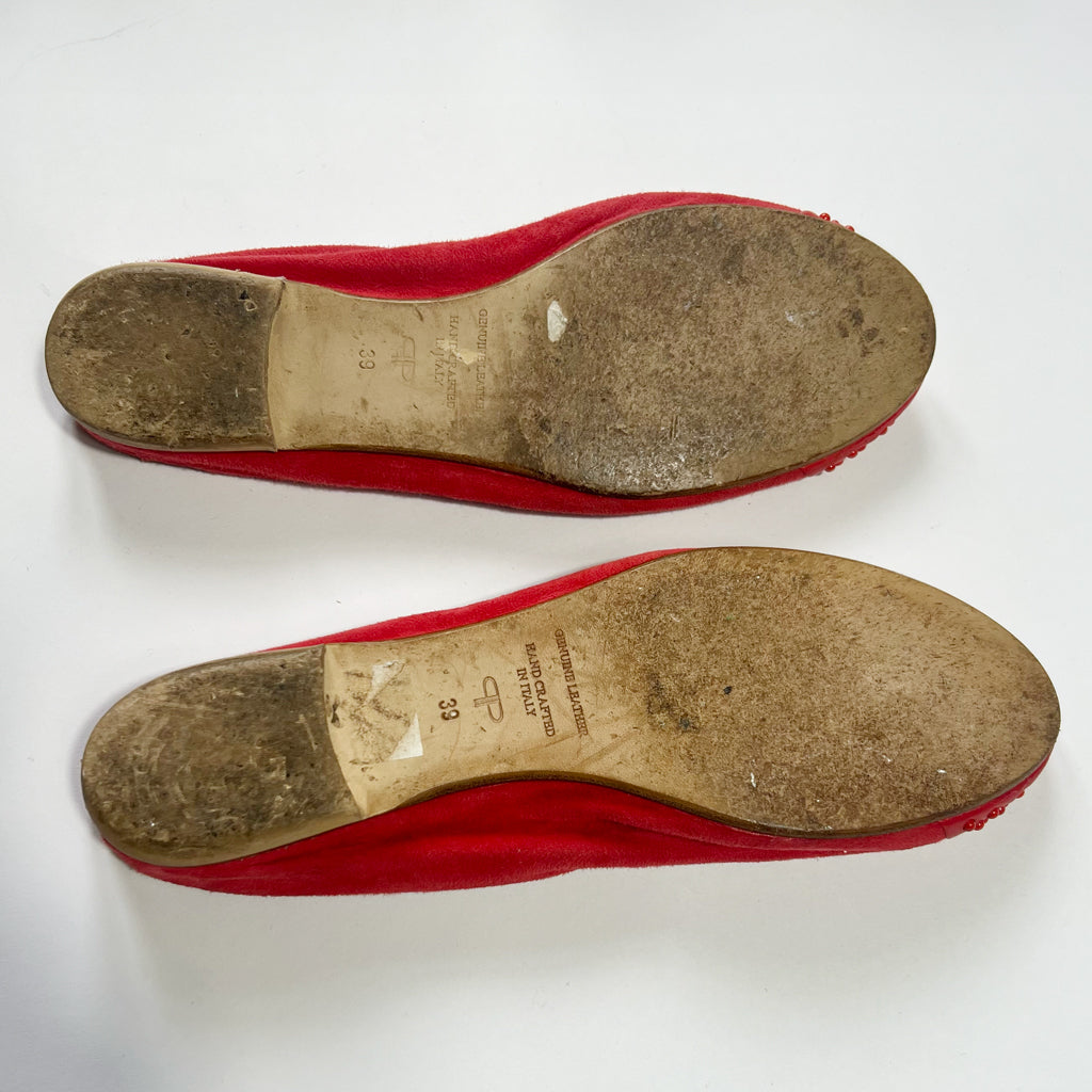 00's Suede & Leather Red Ballet Flats with Studded Detailing - UK 6
