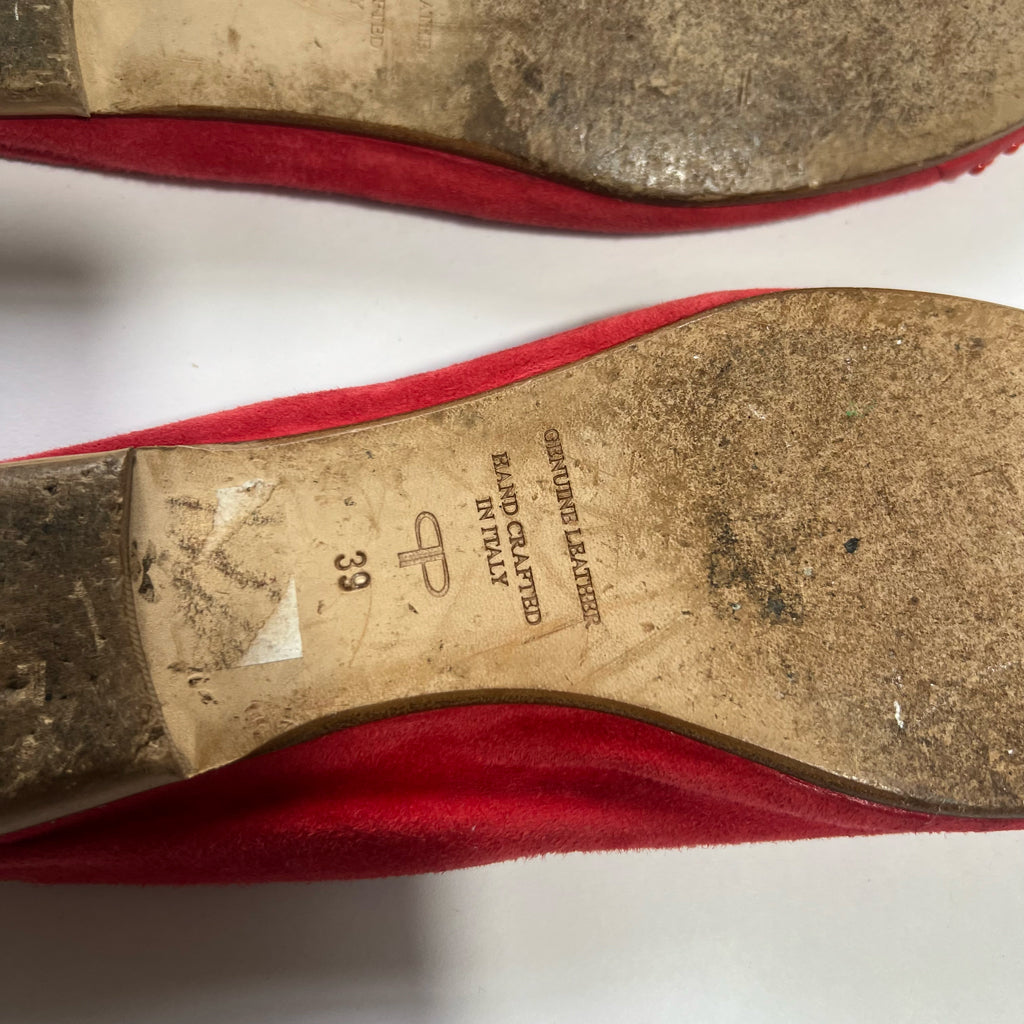 00's Suede & Leather Red Ballet Flats with Studded Detailing - UK 6