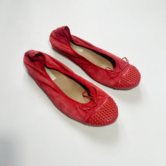 00's Suede & Leather Red Ballet Flats with Studded Detailing - UK 6