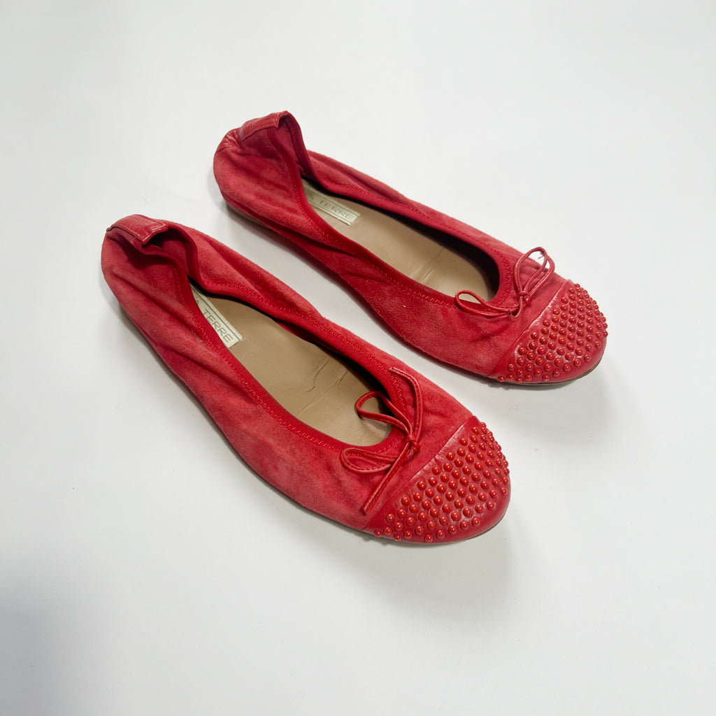 00's Suede & Leather Red Ballet Flats with Studded Detailing - UK 6